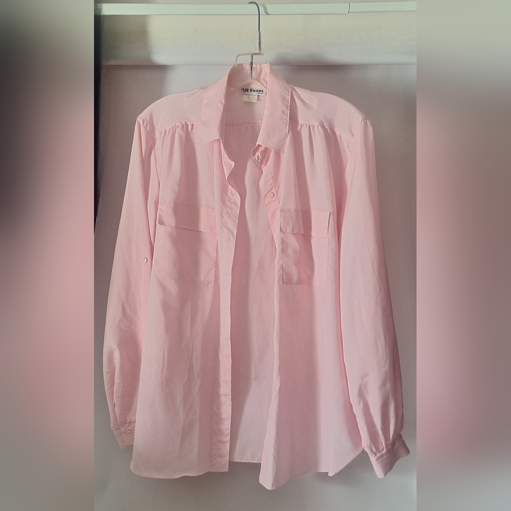 80s Sheer Silky Polyester Soft Pink Button Up Blouse All Hours Summer Layering - Picture 4 of 9
